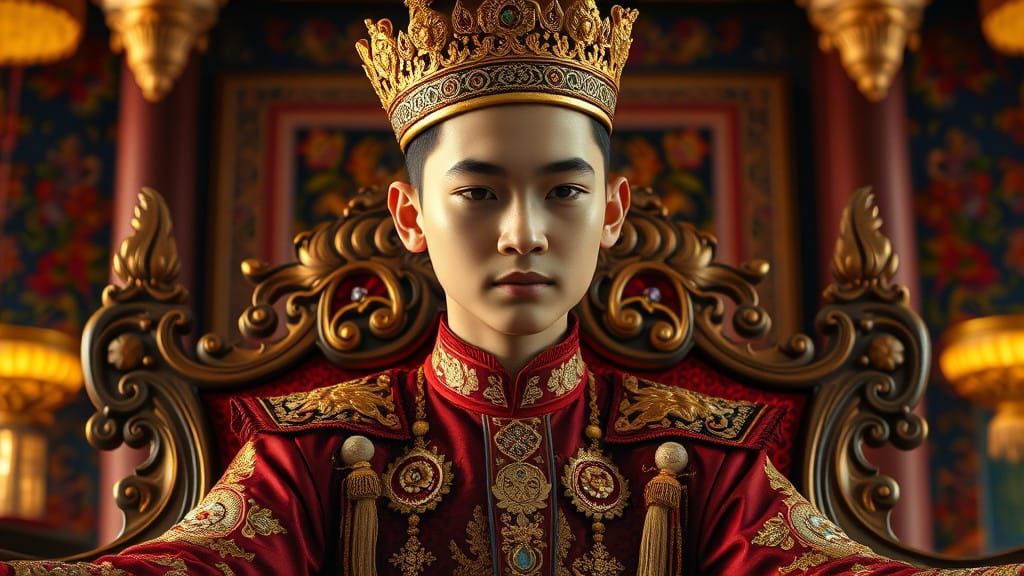 Regal Thai Prince with Somber Expression, in Ancient Royal A...