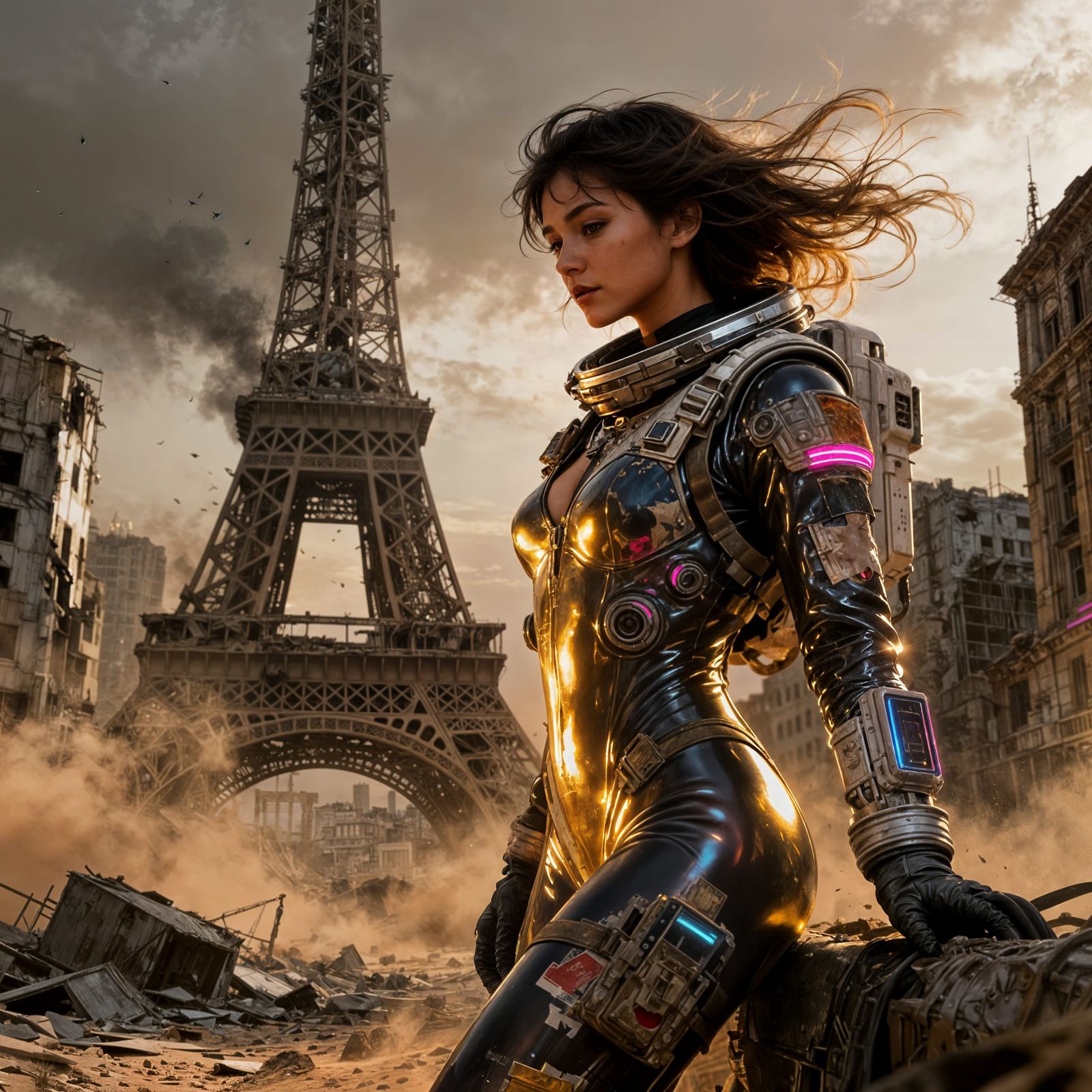 Sexy Spacewoman Poses at Ruined Eiffel Tower