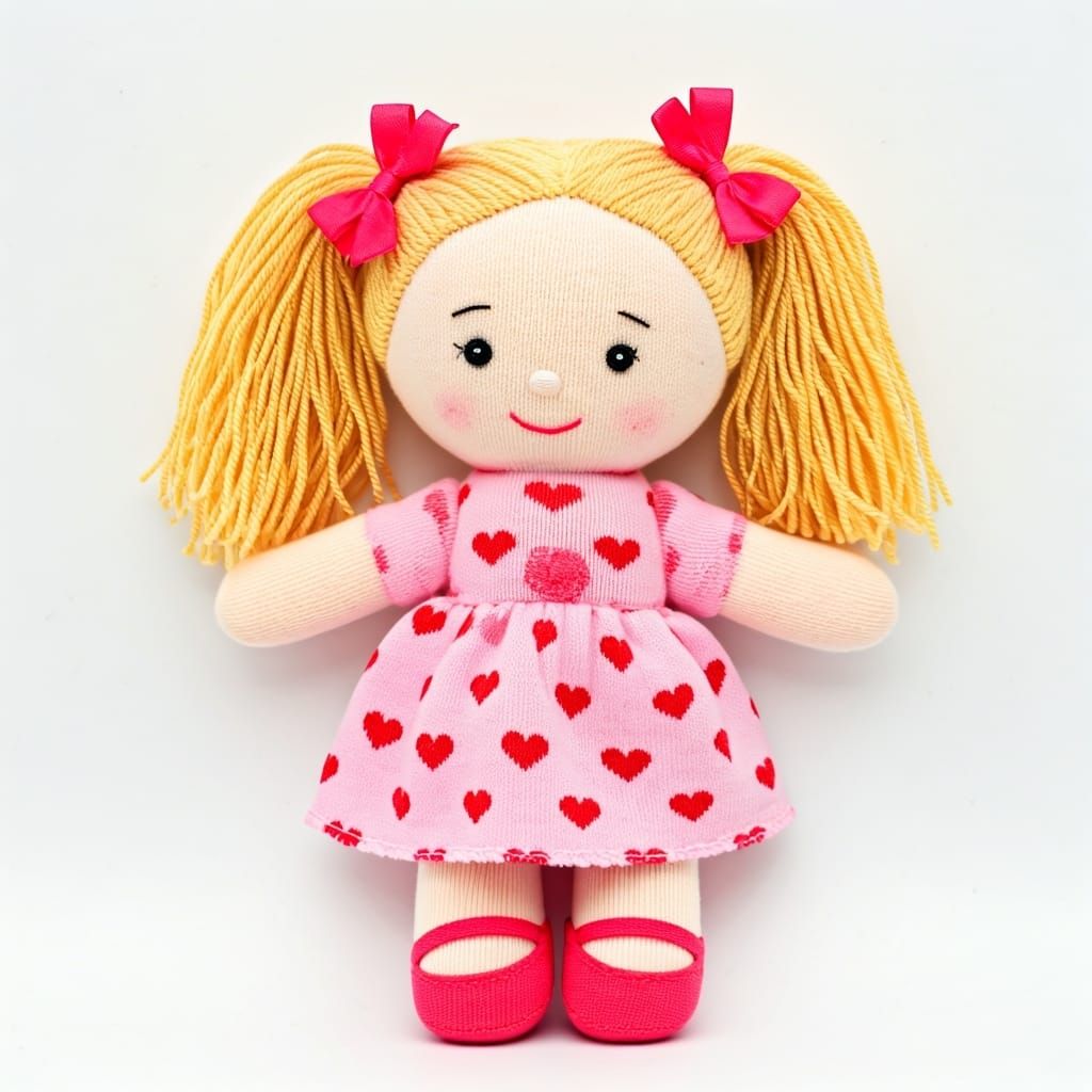 Blonde Sock Doll in Pink Dress with Hearts