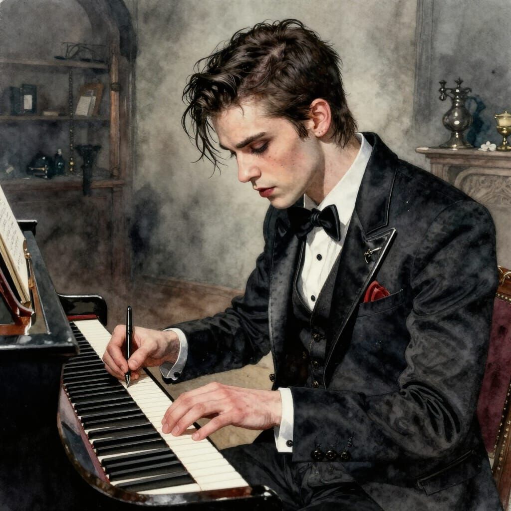 Rockstar Composing Song at Piano in Watercolor Style