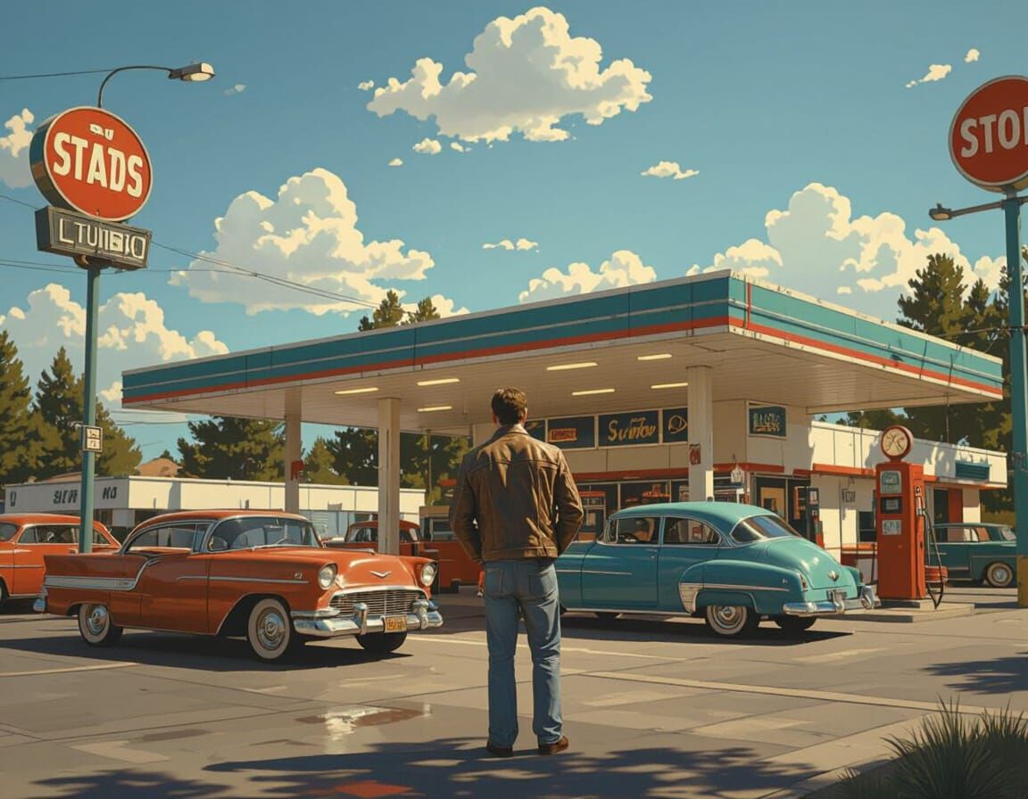 1950s Gas Station Panorama in Retrofuturistic Style