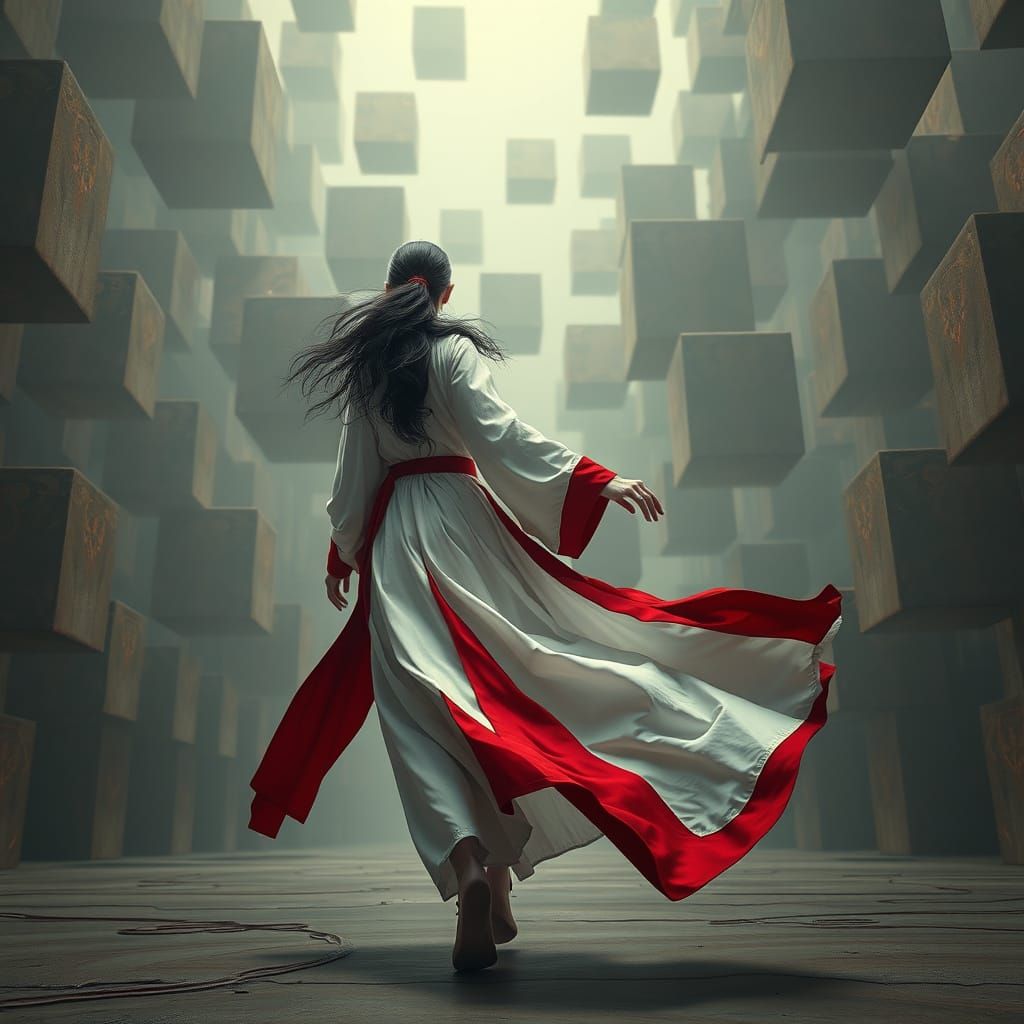 Woman in a Majestic Robe Against a Cosmic Landscape of Levit...