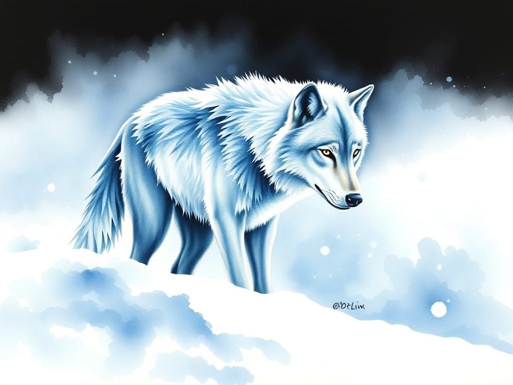 Majestic Arctic Wolf in Frosty Winter Scene, Watercolor Wet...