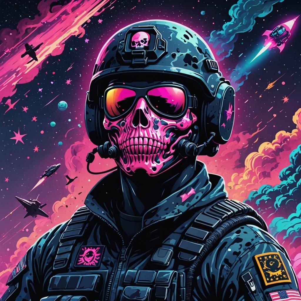 Soldier with Skull Mask in Synthwave Neon Retro Style