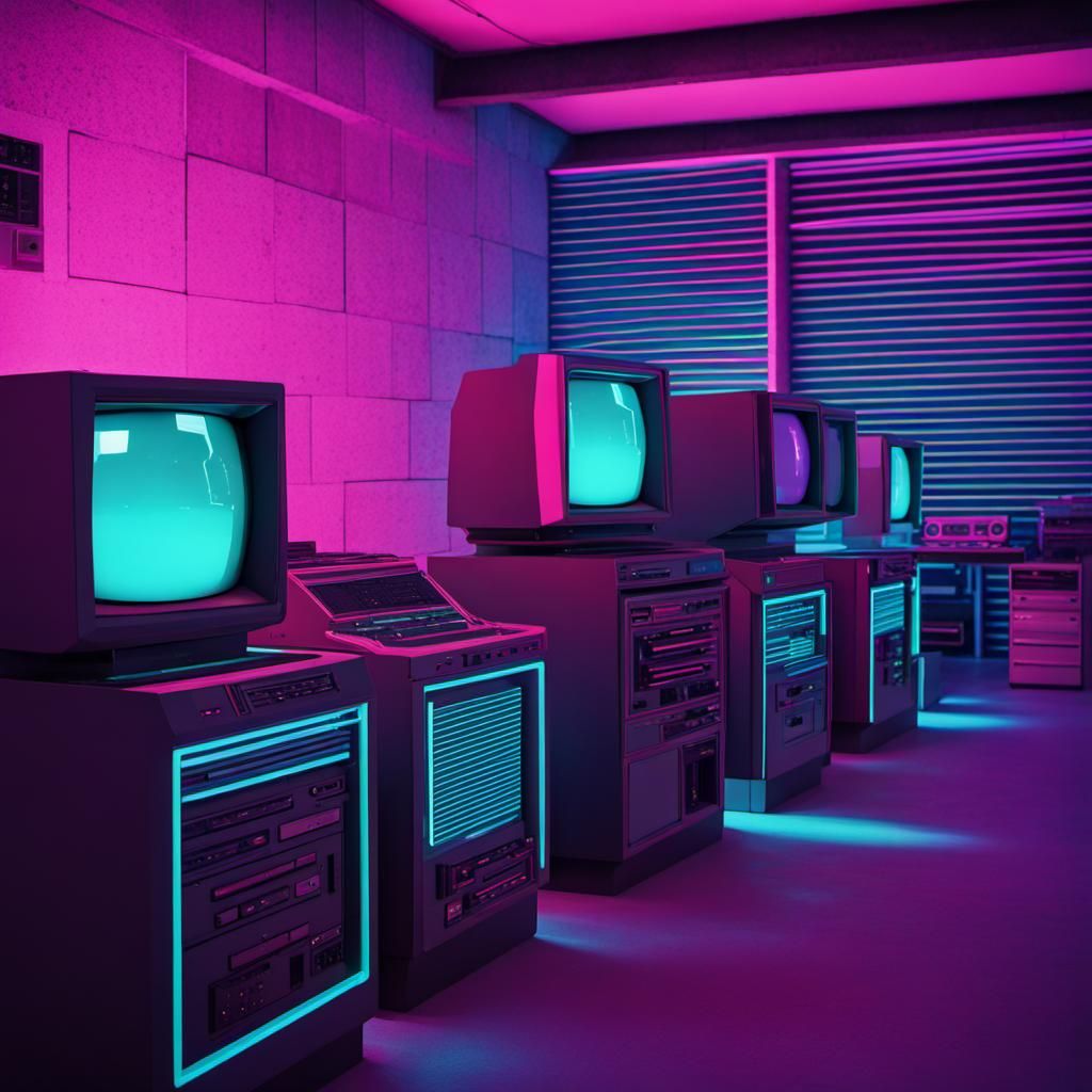 Vaporwave Server Room in Retro 80s Style