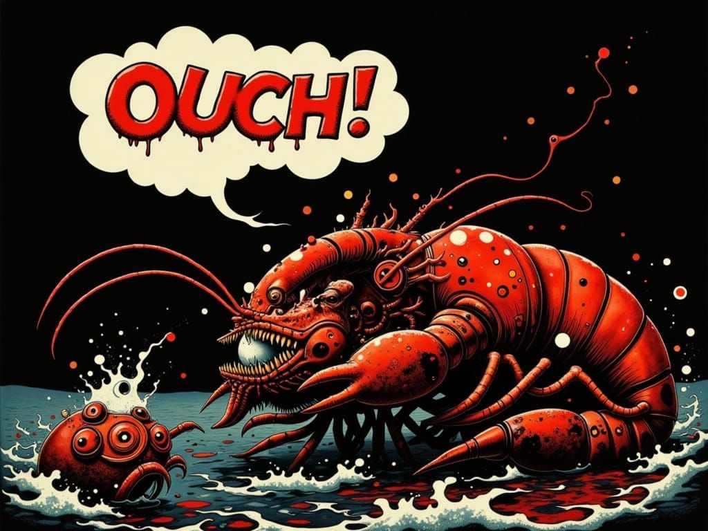 Fisherman's Misfortune: Lobster Attack in Dark Humorous Styl...
