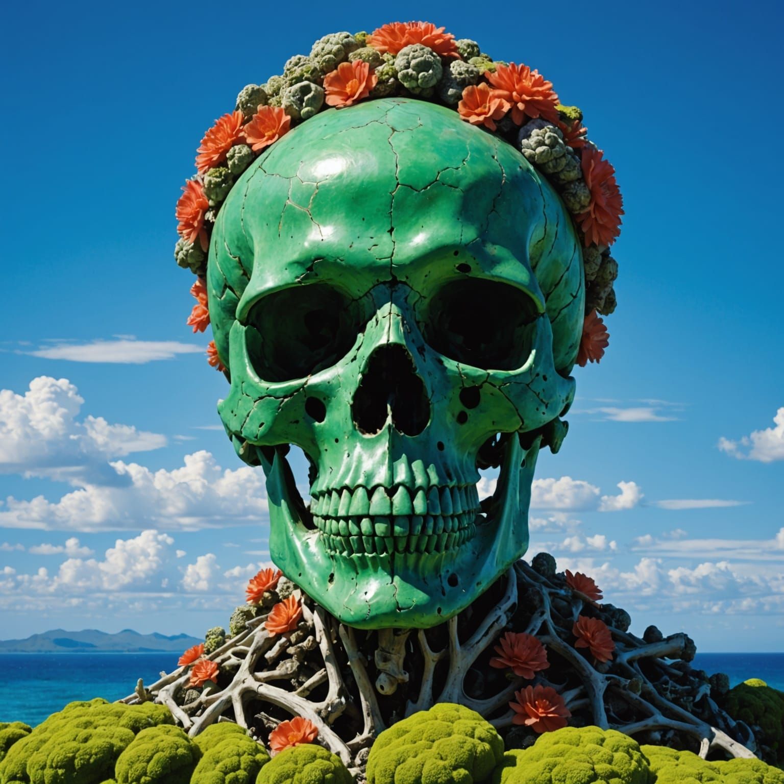 Coral Skull in Green Sea Under Blue Sky