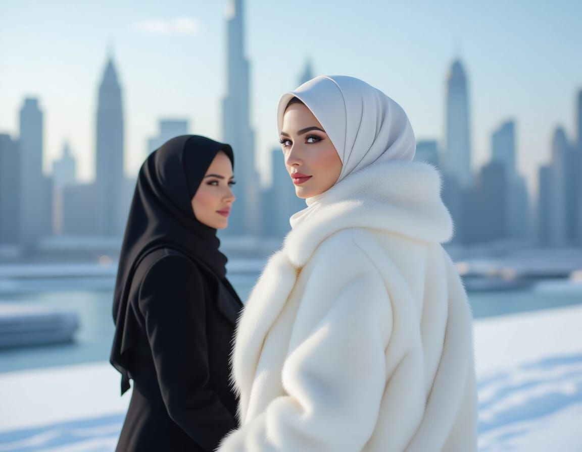 Woman in Fur Coat and Hijab in Snowy Cityscape