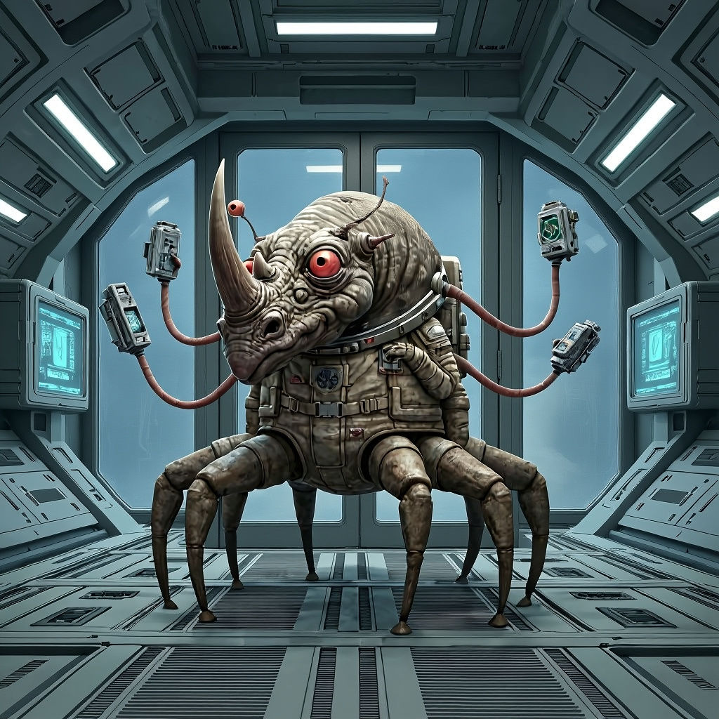 Alien Engineer in Spacesuit with Tentacles and Gadgets