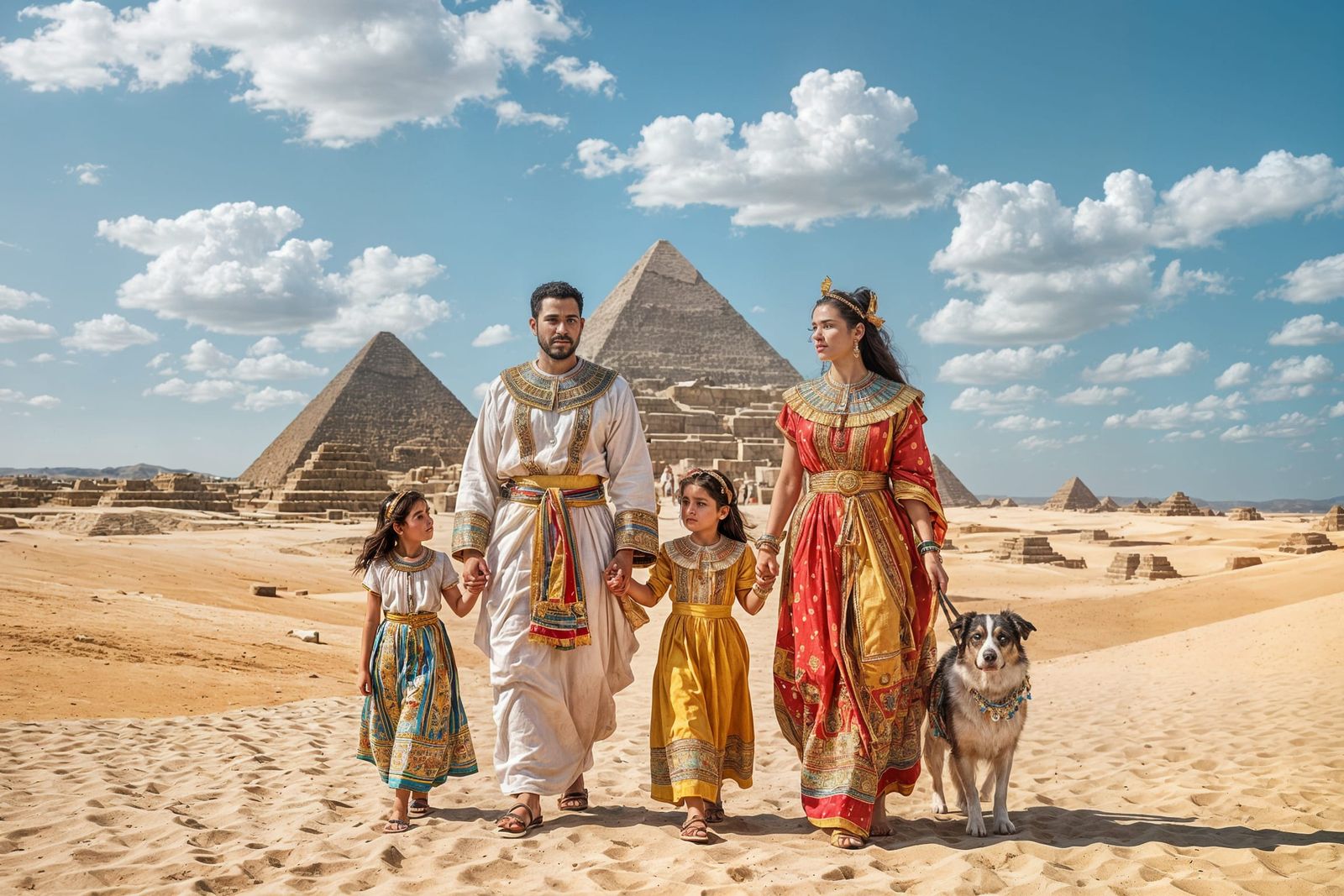Egyptian Family Stroll Near Pyramids on Sunny Day