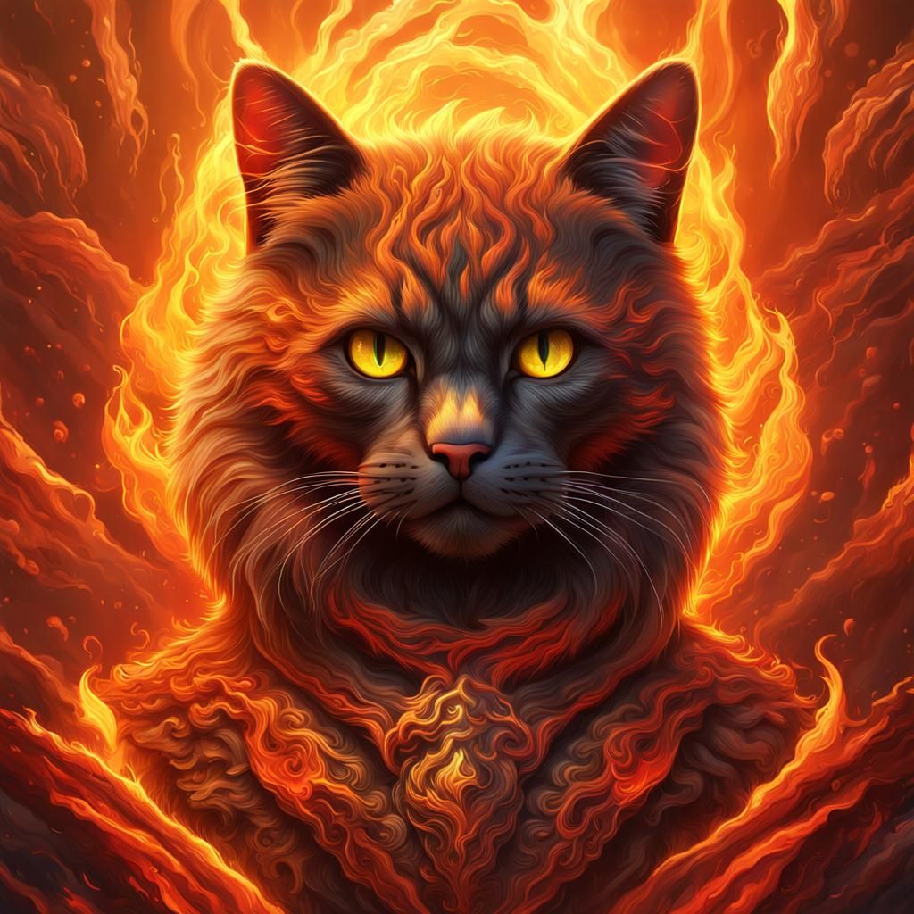 Fiery Cat Portrait: Rebirth in Flame