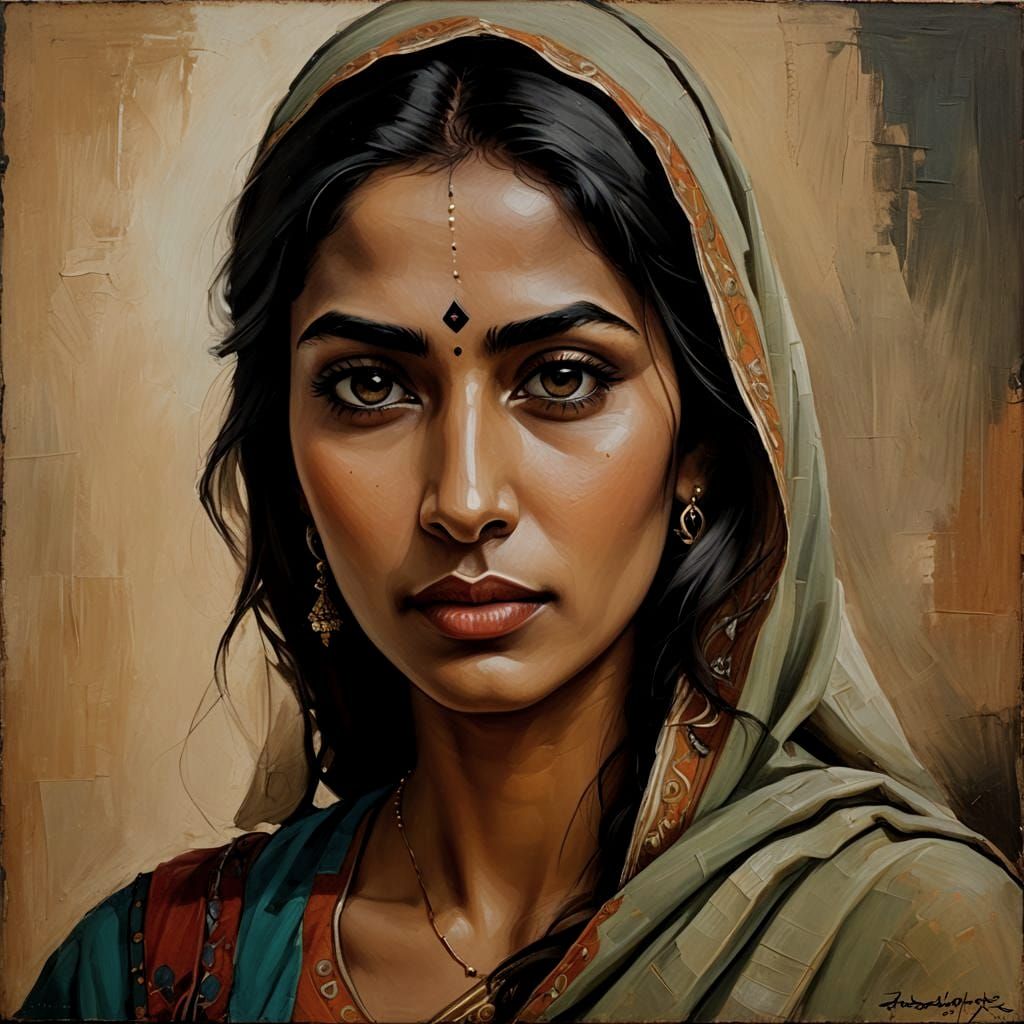 Enigmatic Gujarati Beauty in Neo-Gothic Fauvist Oil Portrait