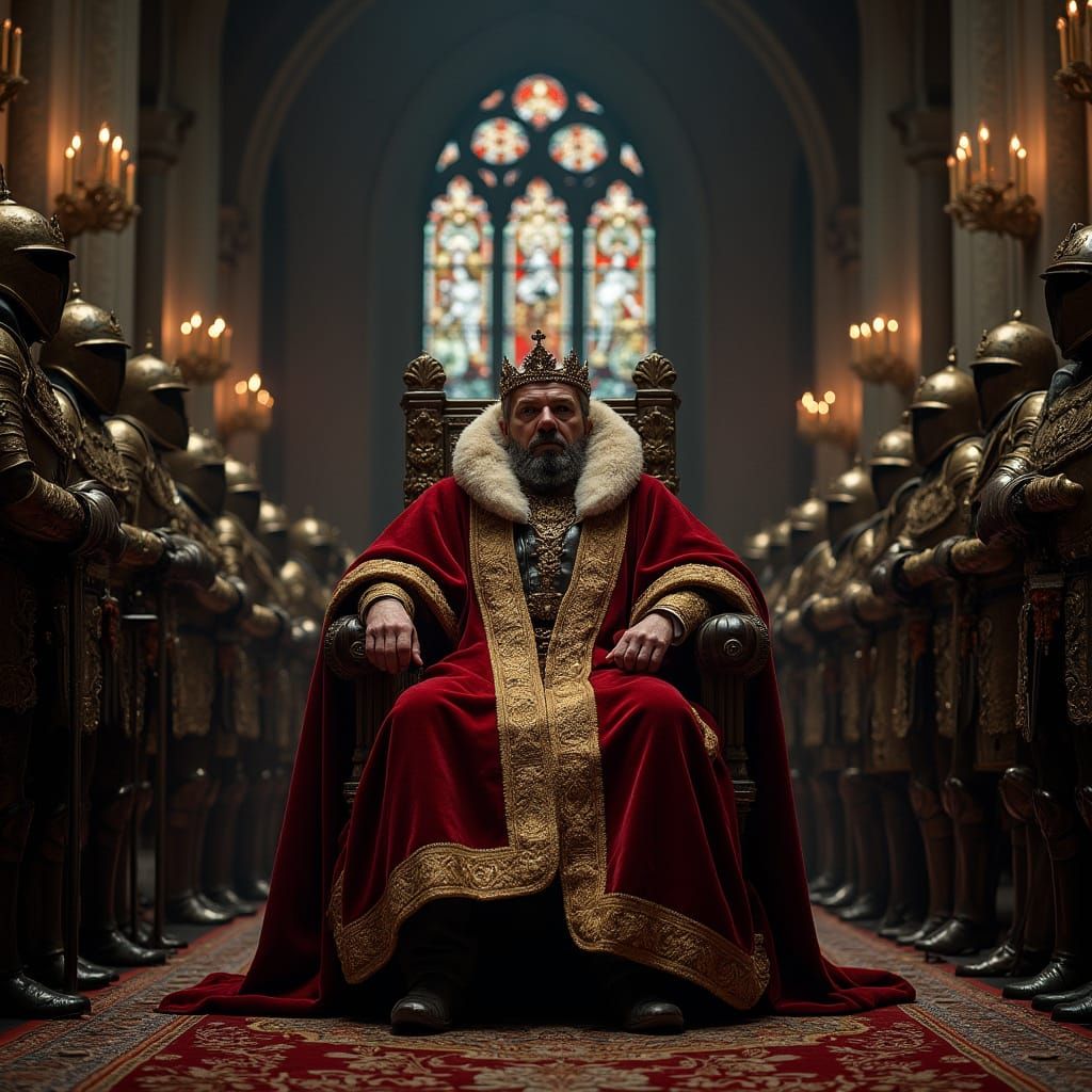 Feudal King Surrounded by Nobles in Grand Gothic Throne Room