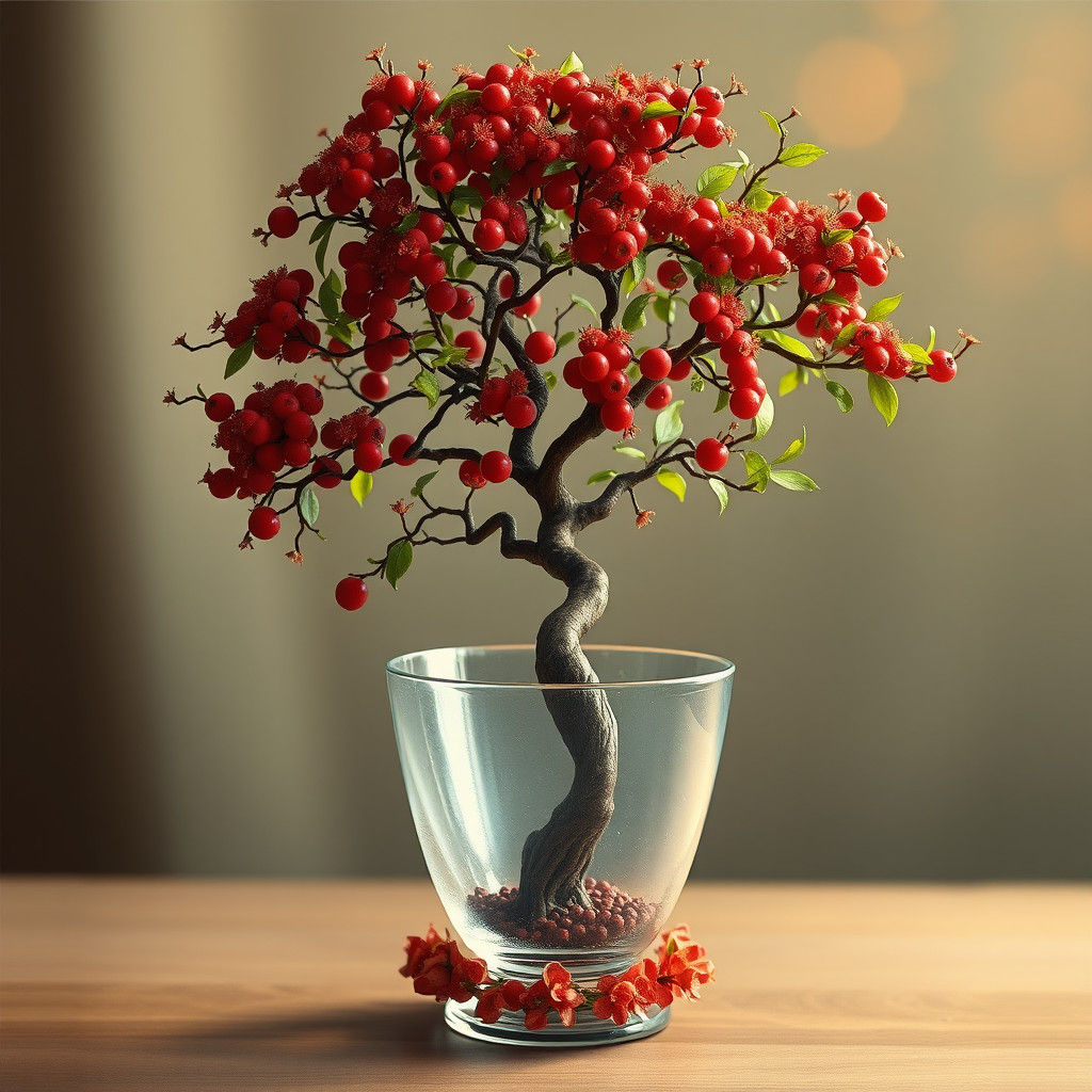 Red Tree in Glass Cup, Watercolor Botanical Art
