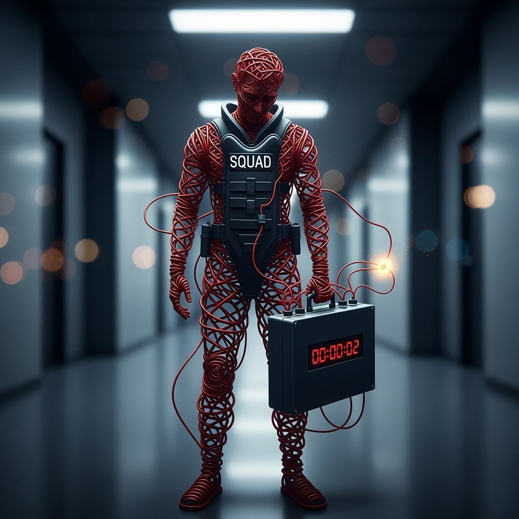 Dejected Metal Figure with Bomb in Ominous Digital Art