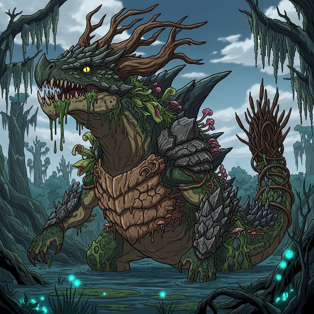 Colossal Terramphibian Kaiju in Cel-Shaded Anime Style