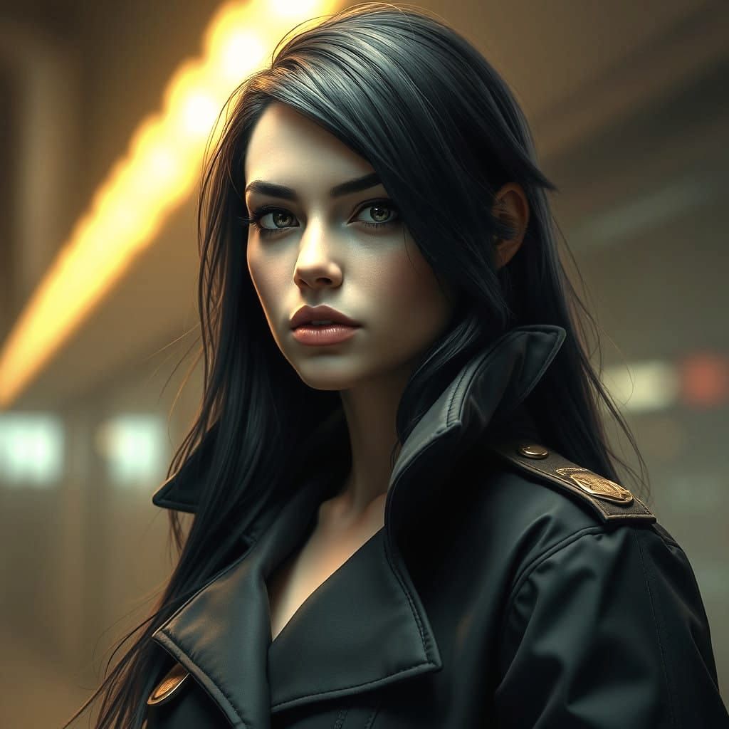 Sultry Dark-Haired Detective in Long Raincoat