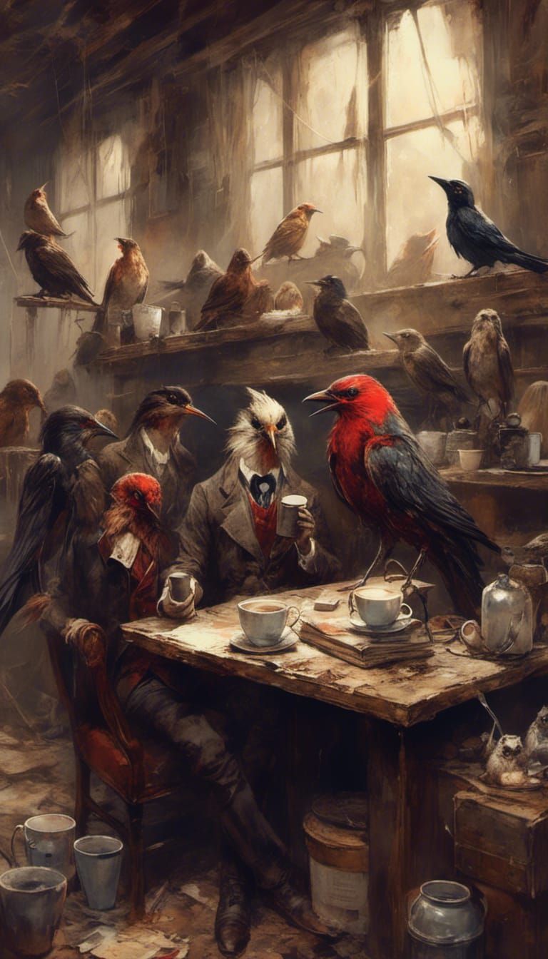 Bird in Cafe: Anime-Inspired Digital Art