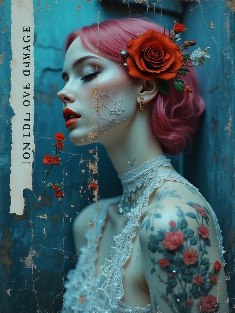 Ethereal Emo Girl Portrait with Transparent Body and Rose Ad...