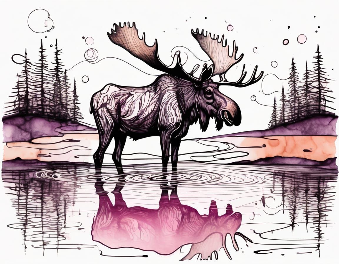 Surrealist Moose Doodle in Whimsical Ink and Watercolor