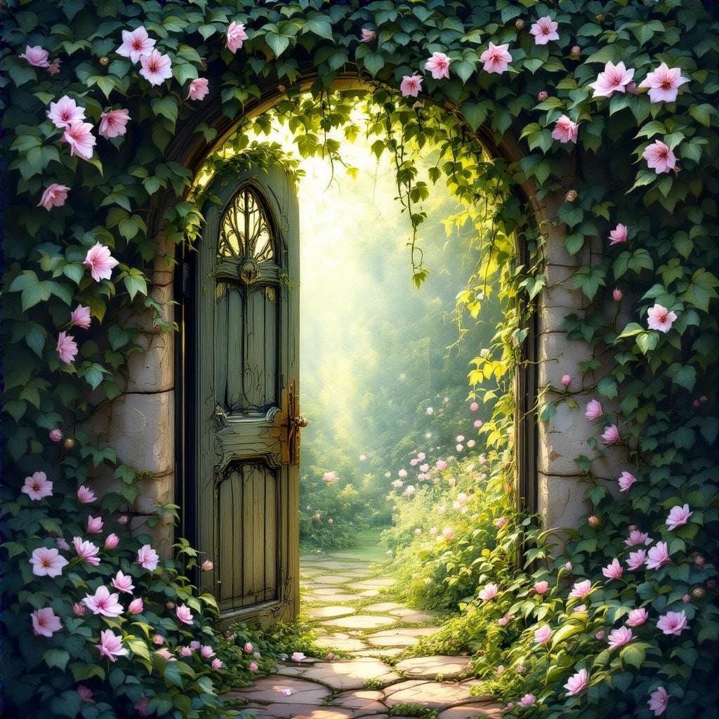 A secret garden door overgrown with ivy and honeysuckle, the...