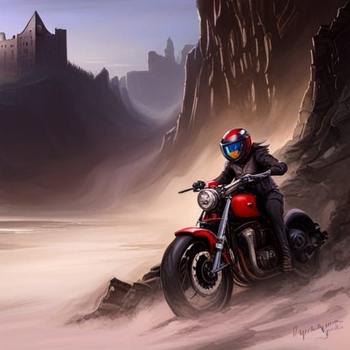 Motorbike Cliff Jump in Dark Fantasy Style