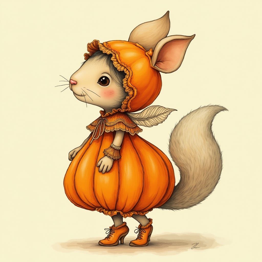 Whimsical Art Nouveau Figure in Vibrant Orange Costume