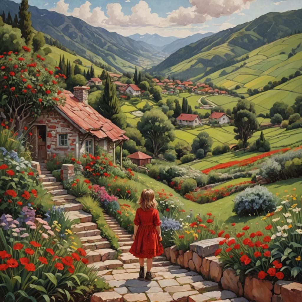Charming Cottage Garden in Mountain Valley, Oil Painting
