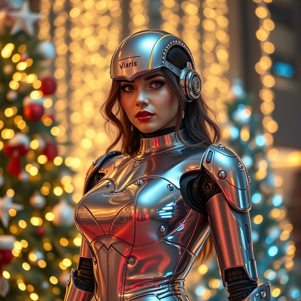 A Robot Woman in a Shiny Christmas Gown in a Futuristic Scen...