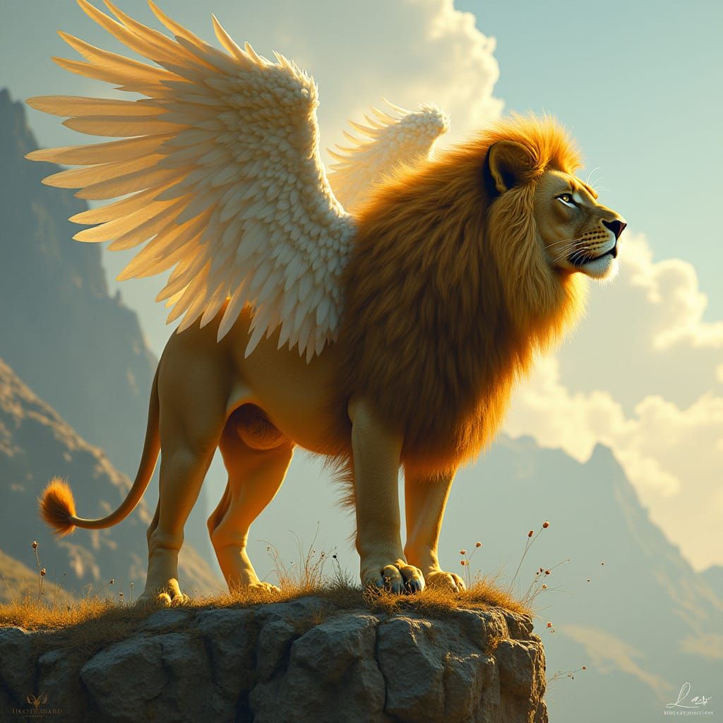 Winged Lion on Cliff in Dreamy Digital Art Style