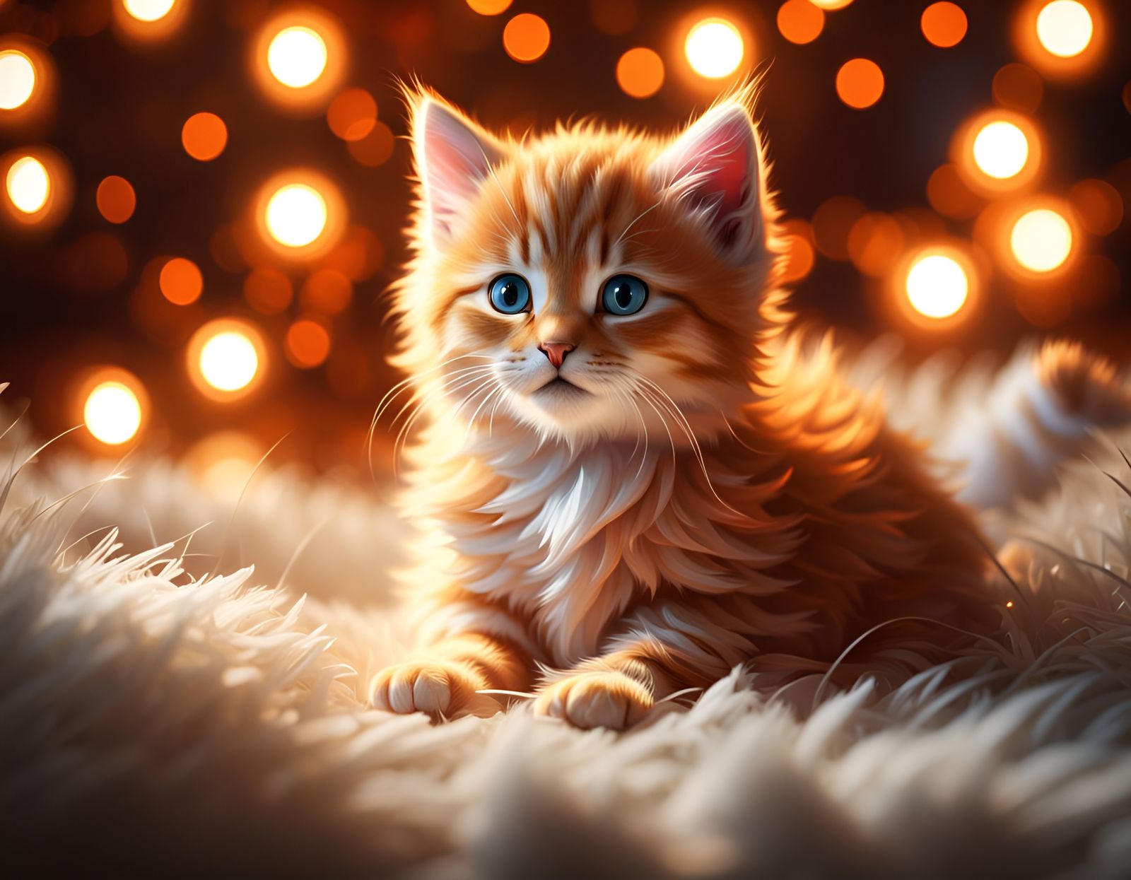 Orange Kitten Playing in String Lights