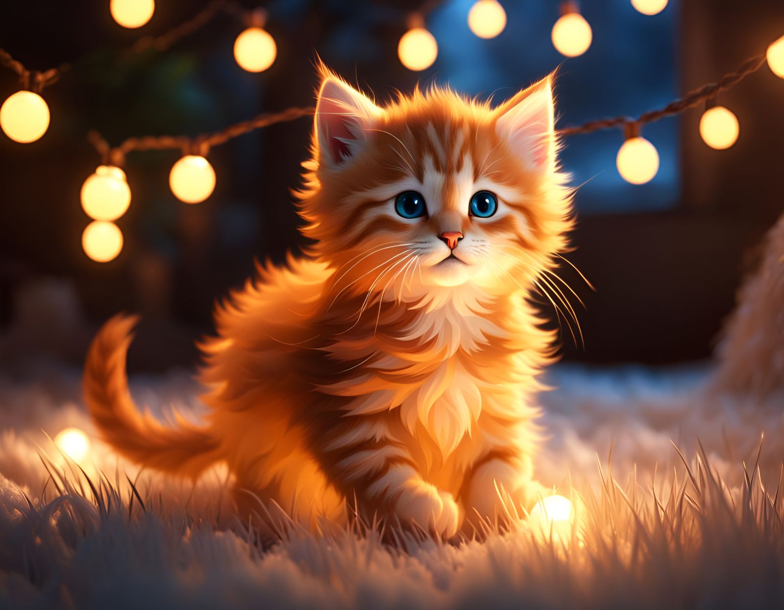 Orange Kitten Plays in String Lights: Fantasy Concept Art
