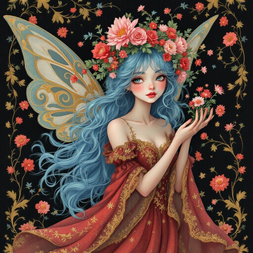Blue-Haired Fairy with Flower Crown, Digital Illustration