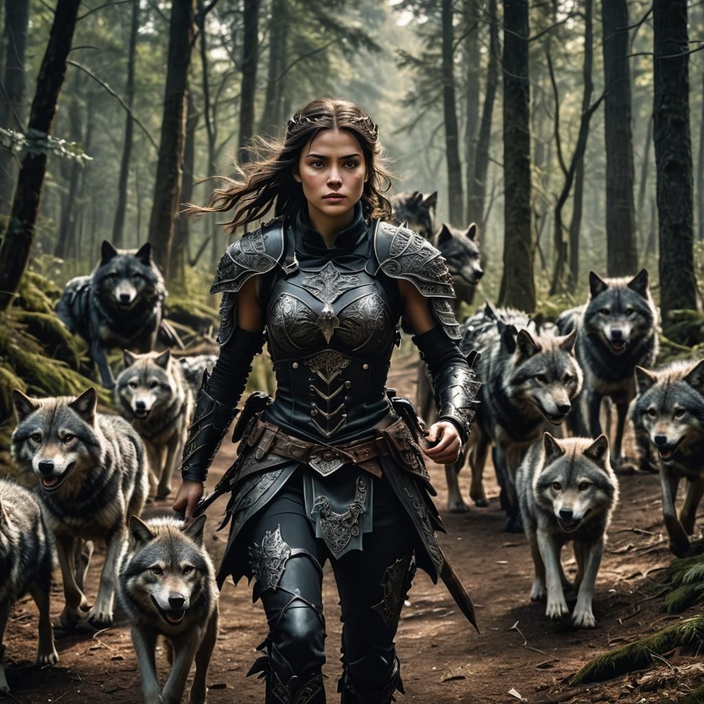 Warrior Woman Running with Wolves in Forest