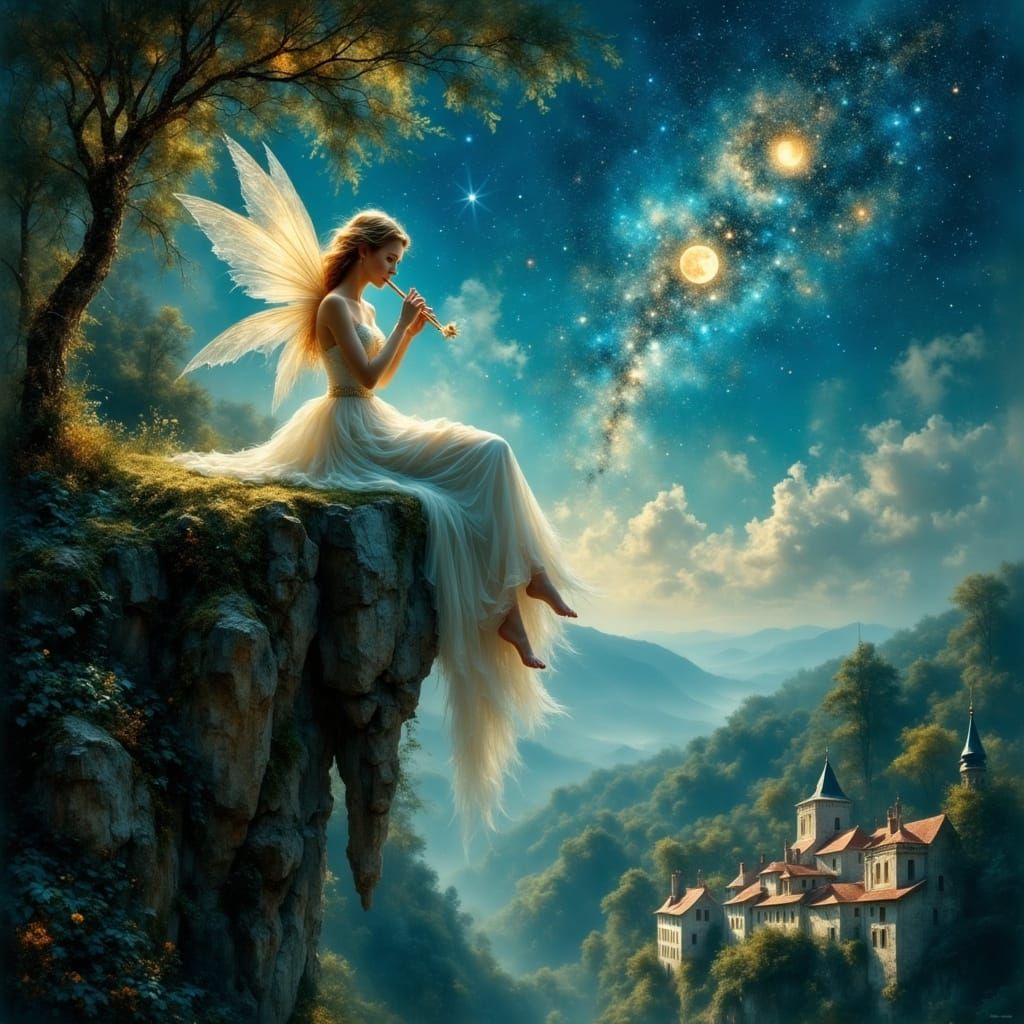 Enchanted Fairy Flute Serenade Under Starry Sky