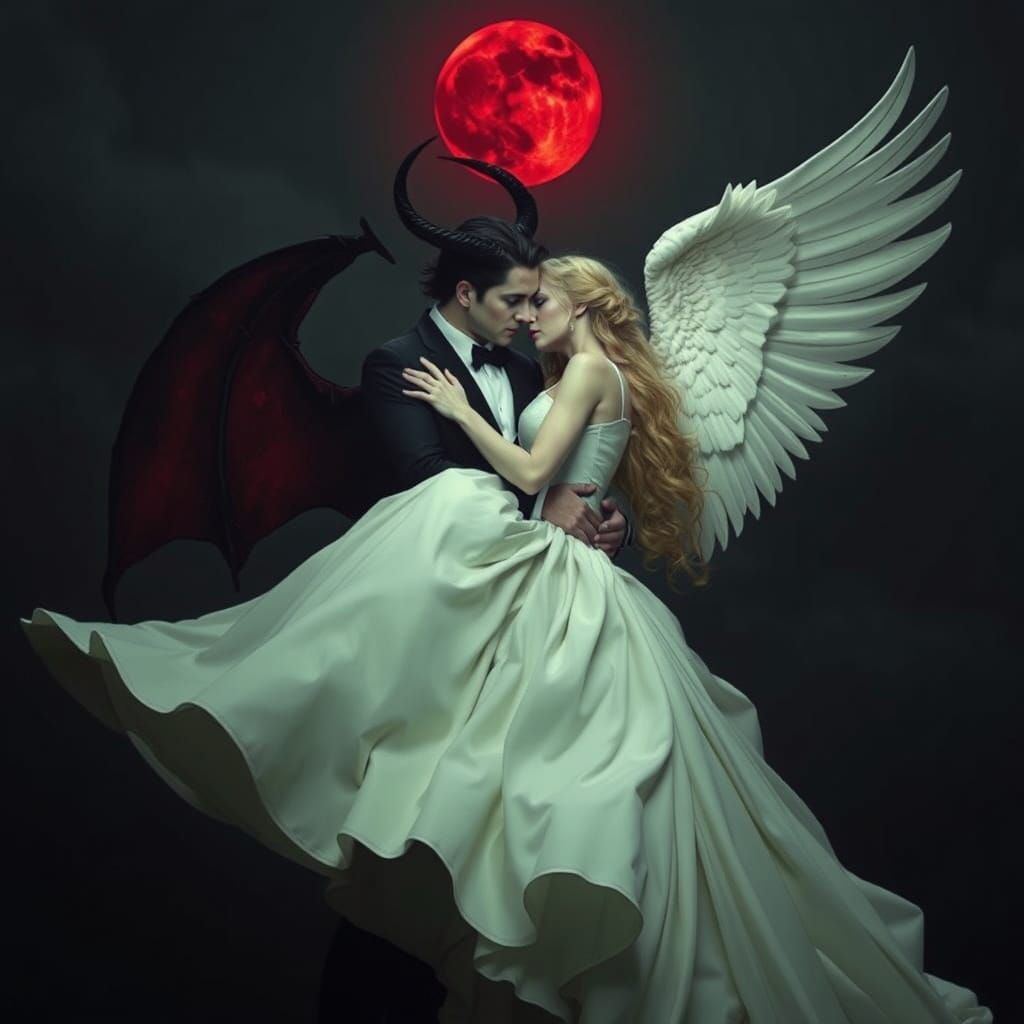 Devil and Angel Embrace Under Blood Moon