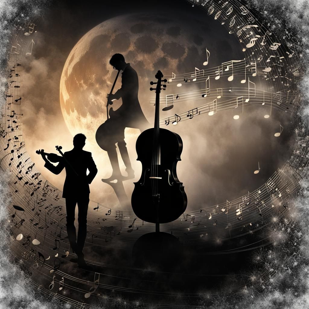 Cellist Silhouette with Stage and Moonlight