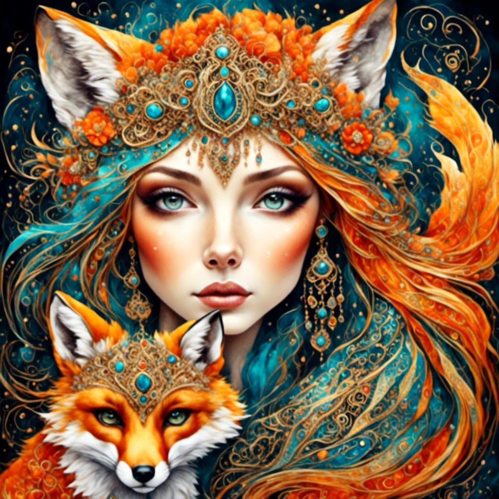 Fox Chimera with Zentangle Details in Vibrant Colors