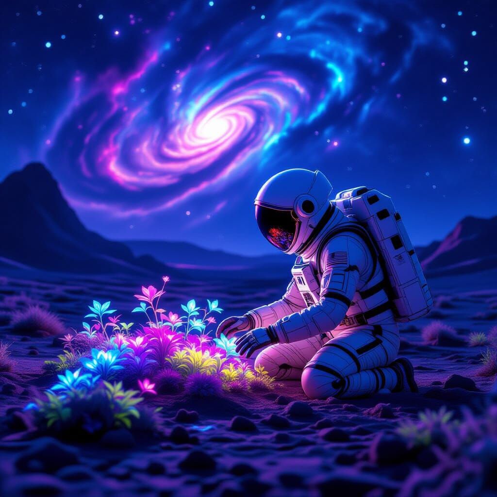 Astronaut and Bioluminescent Garden on Alien Planet
