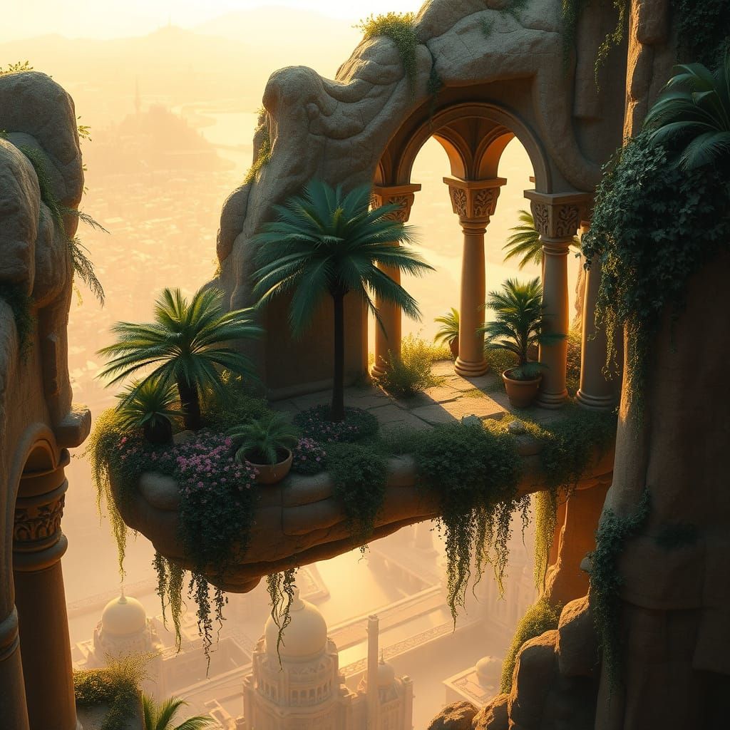 Surreal Hanging Gardens of Babylon in Photorealistic Style