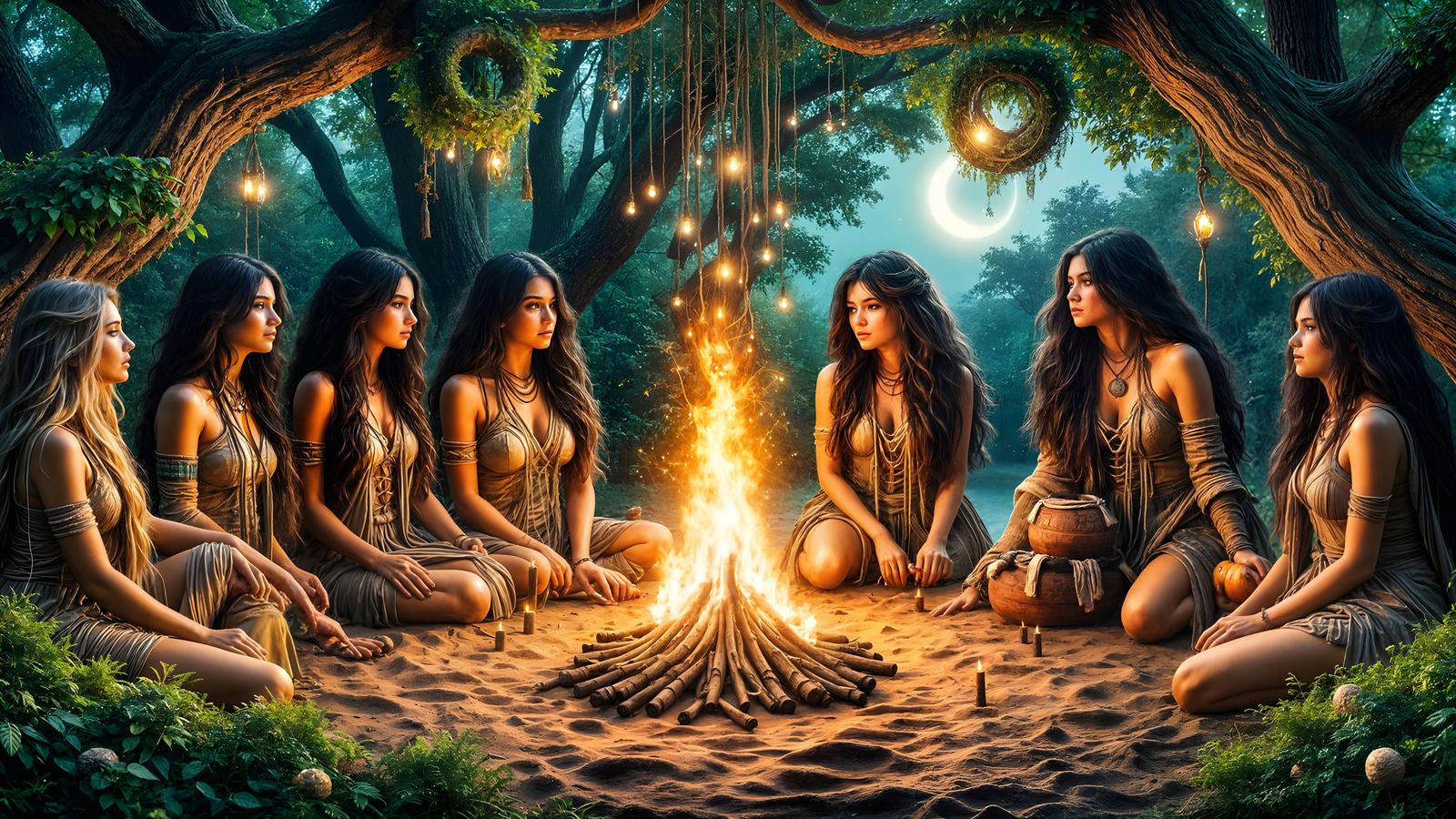 Amazonian Goddesses Gather Around a Bonfire in a Lush Forest...