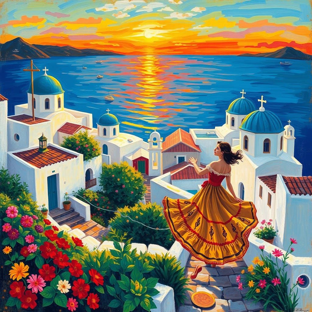 Greek Seaside Village in Vibrant Colors and Whimsical Style