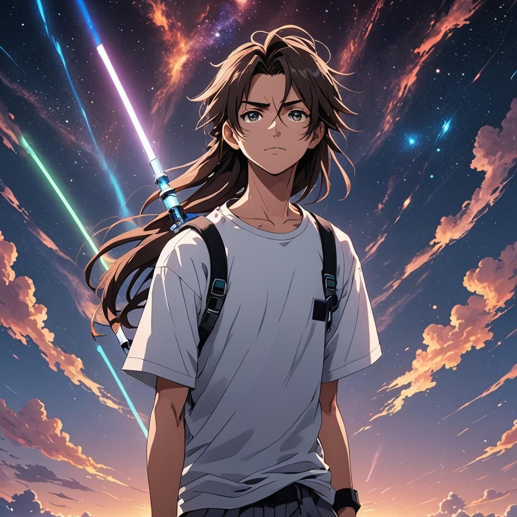 Anime Portrait of a Brooding Male Figure in a Vast Universe