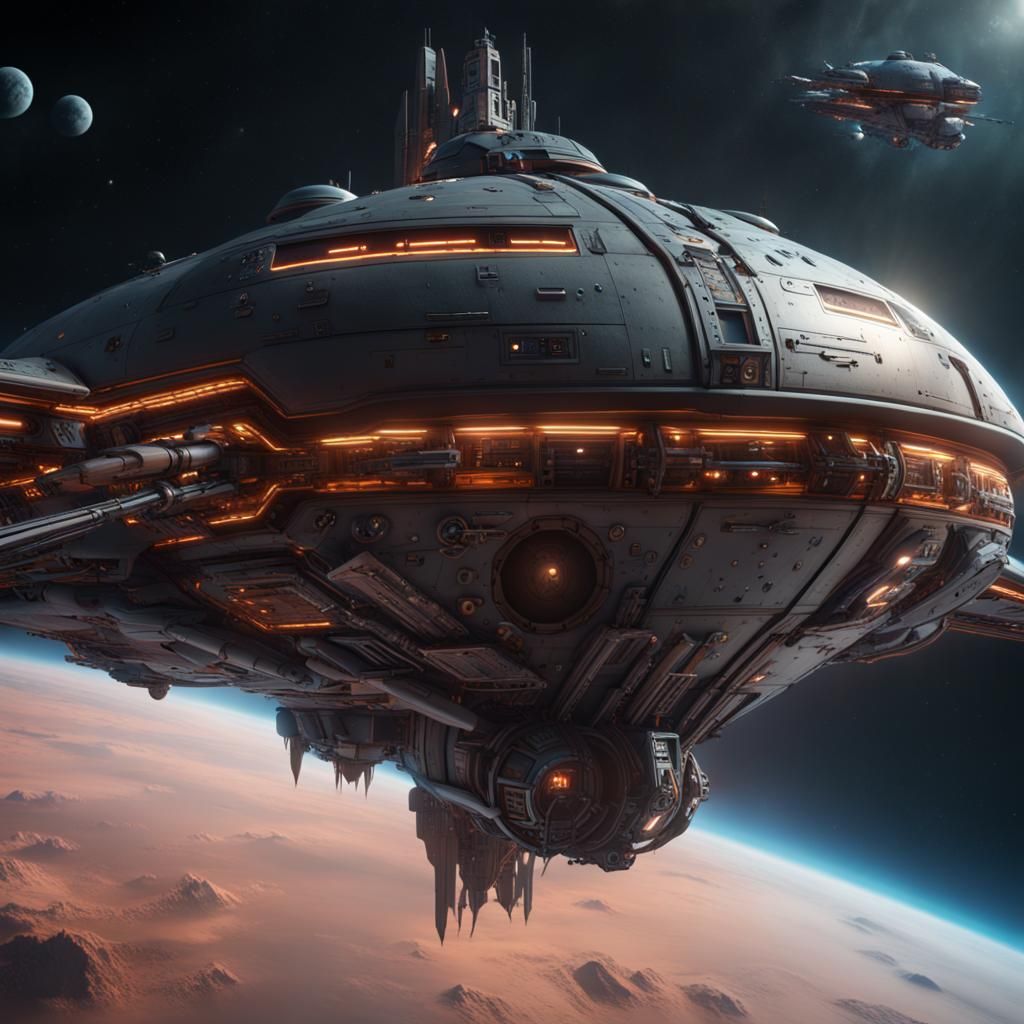 Spaceship Cruiser in Space: Detailed Matte Painting