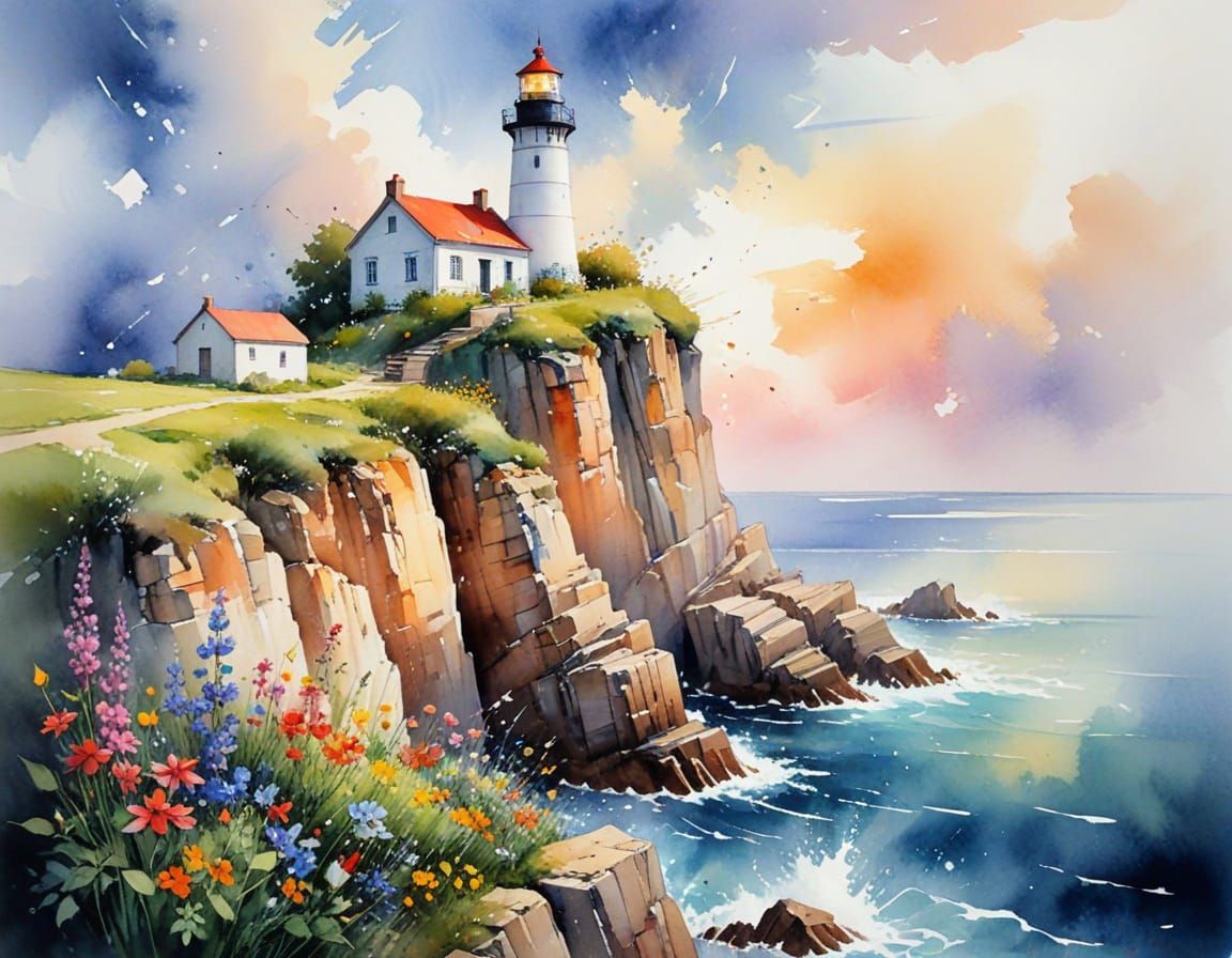 Fairy Tale Lighthouse on Rugged Cliff, Watercolour Style