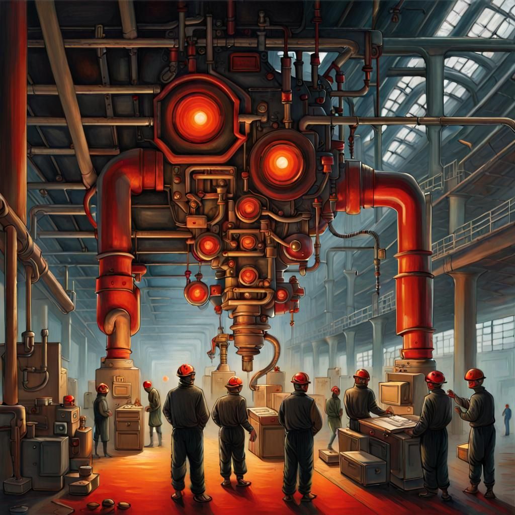 Sinister AI Oversees Workers in Industrial Plant