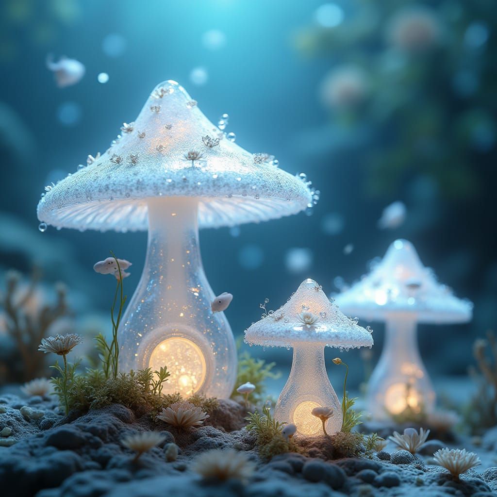 Whimsical Crystal Toadstool Houses Under the Ocean