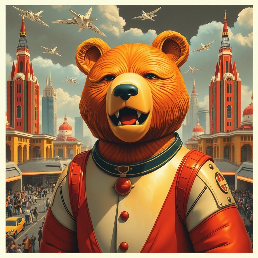 Futuristic Teddy Bear in Art Deco Metropolis