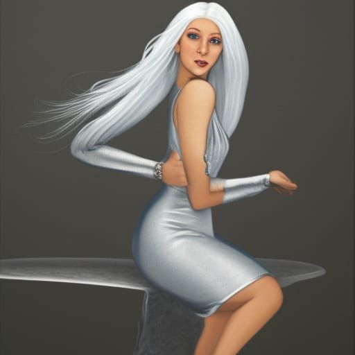 Girl with White Hair in Silver Dress on Cloud