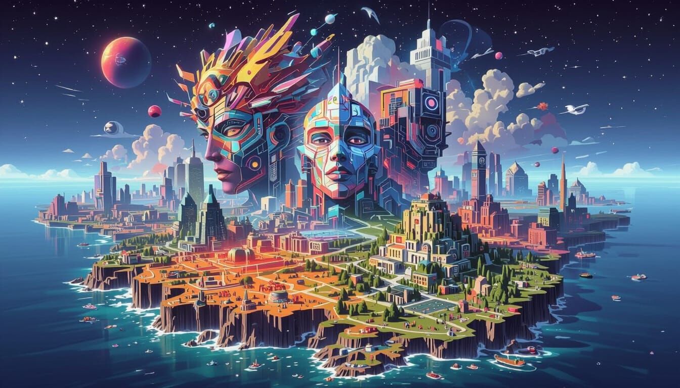 Vibrant NFT Cityscape with Retro-Futuristic Streets